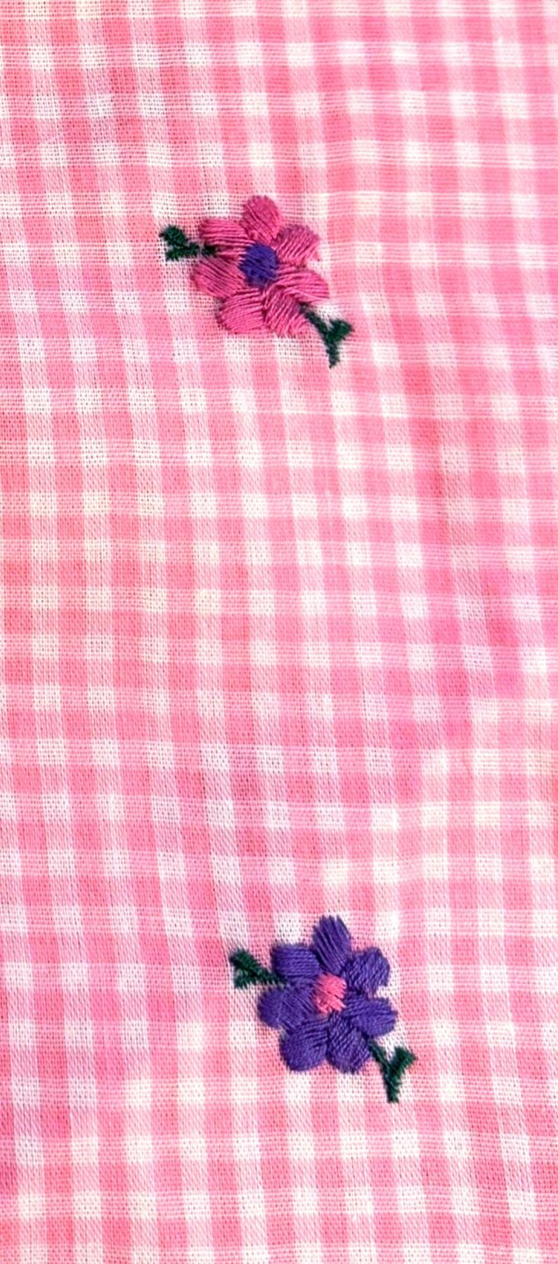 Vintage Pink Gingham Fabric with Embroidered Pink and Purple Daisies, Cotton/Poly Blend, Sold by by the Yard, 44 inches Wide, FREE Shipping image 4