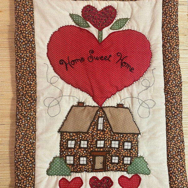 Vintage Handmade "Home Sweet Home" Wallhanging, 13in x 19in, Red Pin Dot Hearts, Brown Calico House, Machine Applique, Hand Outline Quilted