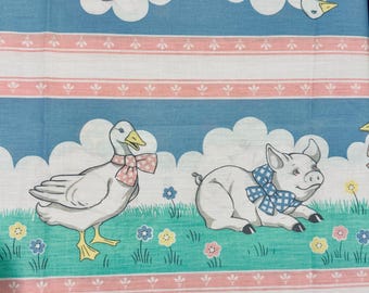 Vintage Pastel Farm Animal Fabric, Vertical Stripes, Country French Emporium, Pig-Goose-Bunny,1 yard x 44in Wide, Cotton, FREE Shipping