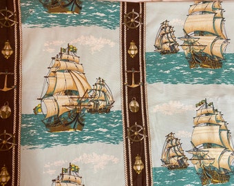 Vintage Waverly "Ship Ahoy" MidWeight Fabric, 1960s Vat Colors Scotchguard Plus, 1yard x 48in, Turquoise Blue Sailing Ships, Brown Borders