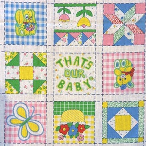 Vintage &quot;That&#39;s My Baby&quot; Faux Patchwork Fabric, Cute Gingham and Patchwork Design Baby Quilt Fabric, Poly/Cotton, 1.5 yd x 44in, Ships Free