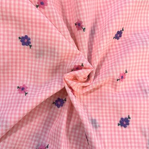 Vintage Pink Gingham Fabric with Embroidered Pink and Purple Daisies, Cotton/Poly Blend, Sold by by the Yard, 44 inches Wide, FREE Shipping image 1