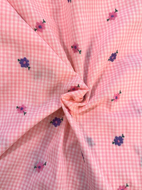 Vintage Pink Gingham Fabric with Embroidered Pink and Purple Daisies, Cotton/Poly Blend, Sold by by the Yard, 44 inches Wide, FREE Shipping