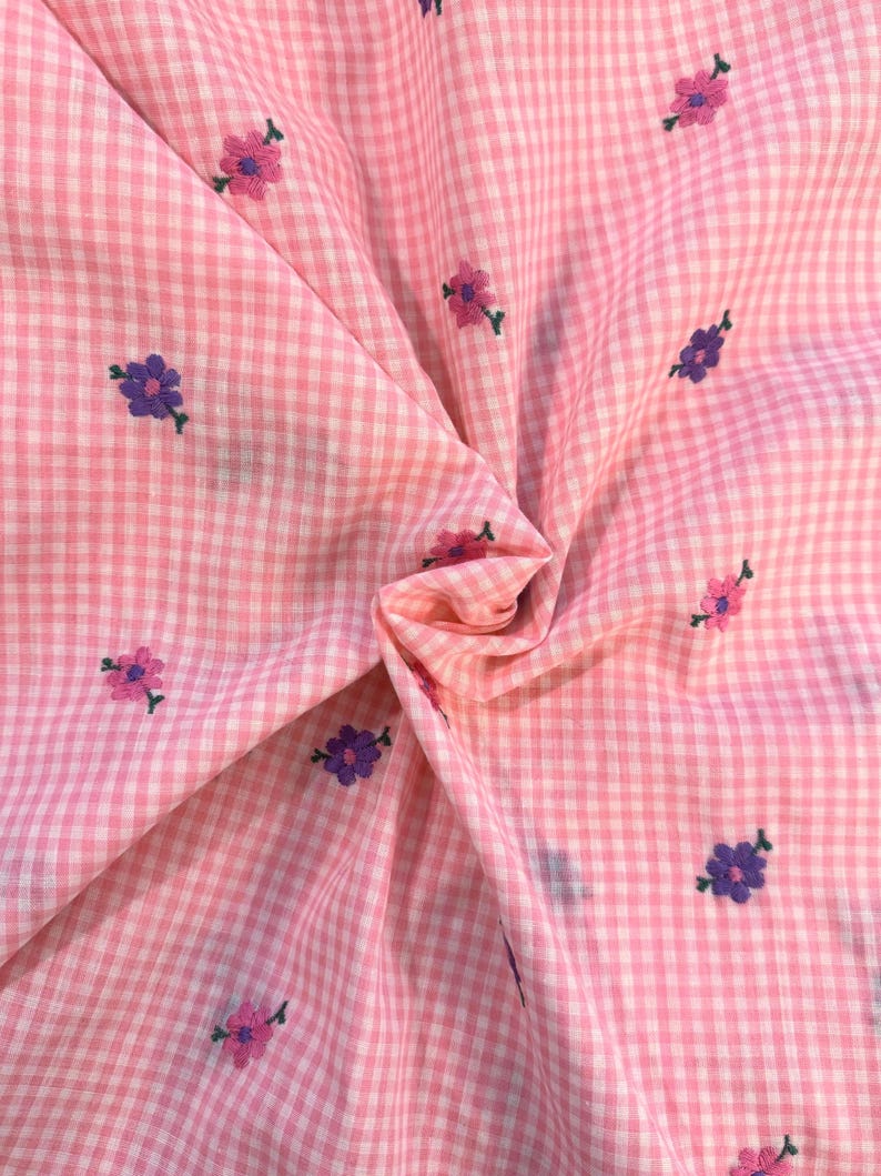 Vintage Pink Gingham Fabric with Embroidered Pink and Purple Daisies, Cotton/Poly Blend, Sold by by the Yard, 44 inches Wide, FREE Shipping image 1