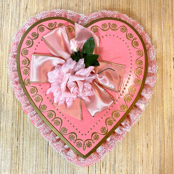 Vintage Fancy Valentine Heart Candy Box, Brachs Deluxe Pink Ruffled Heart Box, Gold Embossed Design, Flower & Bow Topper, 12 x 11.5in, 1960s