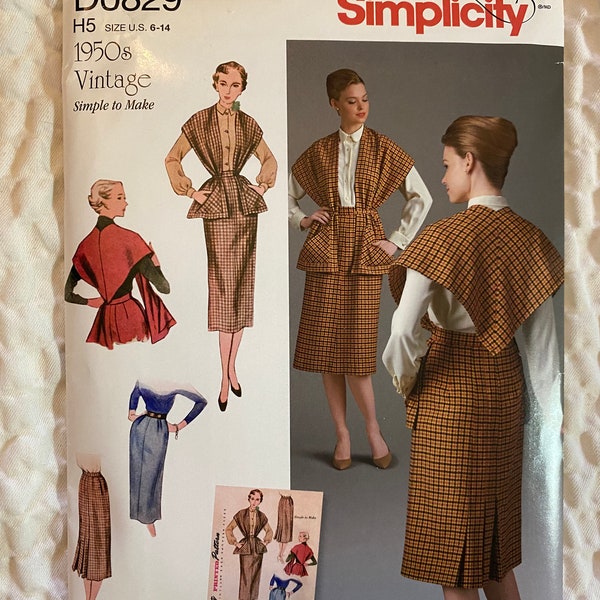 Simplicity D0829, Size H5 (6-14), Simplicity 90th Anniversary Pattern, 1950s Vintage Reproduction,Pencil Skirt With Kick Pleats, Shawl Vest