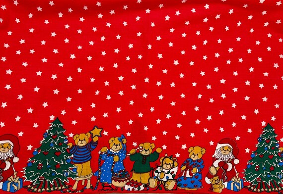 Vintage Lucy Riggs Bears Christmas Tablecloth, 52in x 50in, 1980s, Polyester Cotton, Red With White Star Background, FREE Shipping