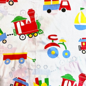 RARE**Vintage Trains, Trucks and Boats Bed Sheet, Twin Flat Sheet, Bibb Transportation Large Scale Print Sheet, Blue Polka Dots