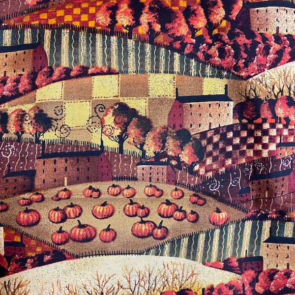 RARE Vintage Autumn Scenic Fabric by Mary Beth Baxter for Springs Creative, By  the Half Yard x 44in wide, 100% Cotton, Fall Folk Art Fabric