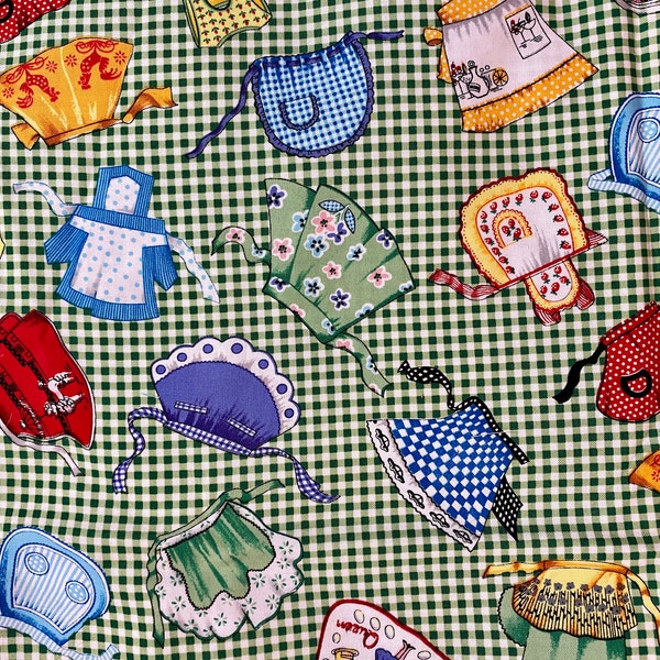 VERY RARE* Michael Miller "Aprons" Fabric, Aprons on Green Gingham Check, Sold by the Half Yard or Fat Quarters, 44in Wide, Quilters Cotton