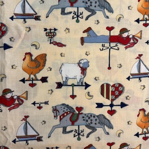 RARE Vintage Susan Winget, &quot;Heartsong Collection&quot;, Folk Art Weathervanes, 100% Cotton Fabric,  57in x 44in Remnant, 1995, FREE Shipping