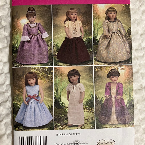 Simplicity 2768, 18in Doll Period Dresses Pattern, Colonial Dress, Renaissance Dress, Folk Dress, Civil War Gown, Nightgown, Formal Gown,New