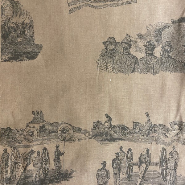 OOP/RARE**Civil War Scenes Toile in Gray on Tan Fabric, Celebrating Abe by Jodie Barrows, Square Textiles, Sold by Half Yard x 44in Wide