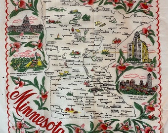 Vintage Minnesota Souvenir Handkerchief, 14in Square, Map of Minnesota With Pink Iris Border, Scalloped Edge, 1950s, Cotton
