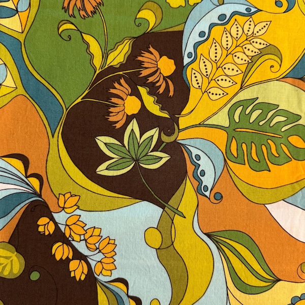 Lola's Posies by Lila Tuelier Designs, Riley Blake, Retro Style Brown-Green-Aqua-Gold Mod Floral, By the Yard x 44in, Cotton, FREE Shipping
