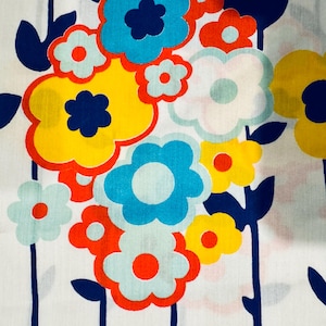 Vintage Mod Floral Lightweight Fabric, 58in Long x 44in Wide, Retro Top Weight Fabric, Navy-Yellow-Orange-White, 1970s, FREE Shipping