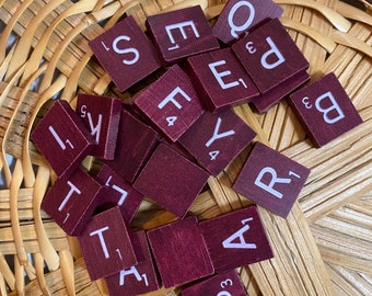 Vintage Red and White Scrabble Tiles, Wood Scrabble Tiles.  Red with White Engraved Letters, Sold in sets of 25, Special Edition Scrabble