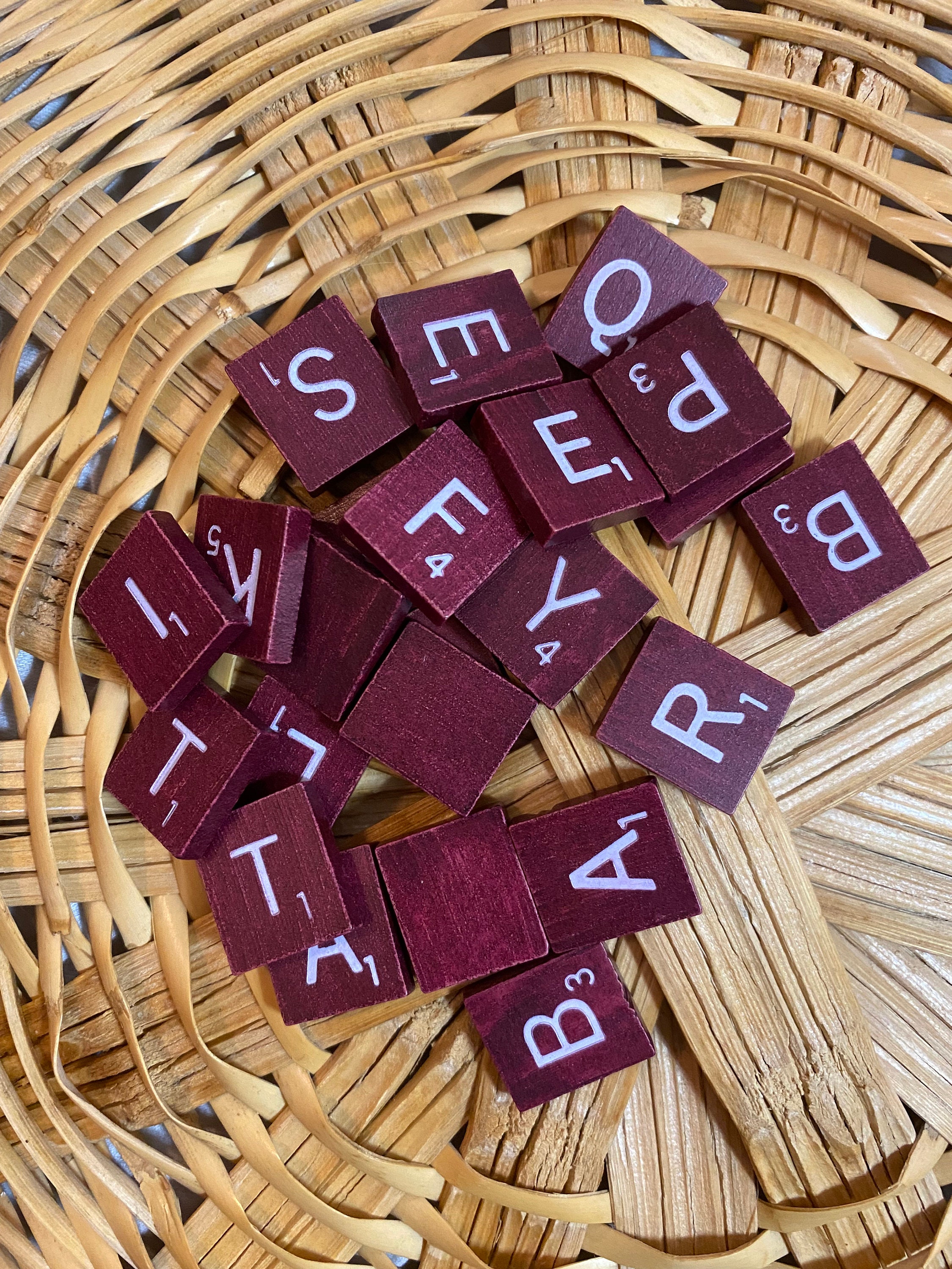 Vintage Red and White Scrabble Tiles, Wood Scrabble Tiles.  Red with White Engraved Letters, Sold in sets of 25, Special Edition Scrabble