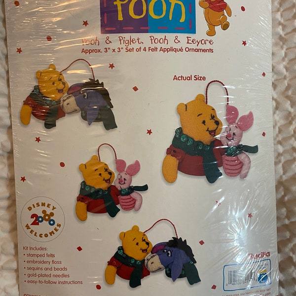 Vintage Bucilla Pooh Felt and Sequin Ornaments Kit, Pooh and Piglet, Pooh and Eeyore, Set of 4, New and Unopened, Disney Welcomes 2000 Kit