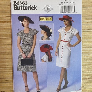 May include: A vintage sewing pattern for a dress and hat. The pattern is for sizes 6-8-10-12-14 and is from Butterick. The pattern is called "Making History".
