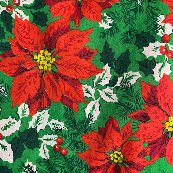 vintage Extra Wide Poinsettia Fabric, 84in x 59in, VIP Cranston Print Works, coton tissé, Poinsettias rouges sur vert avec houx blanc