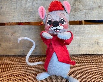 Vintage Annalee Mobilite Mouse Doll, 6.5in tall, 1970s, Gray Felt Mouse with Mustache, Red Jacket and Cap