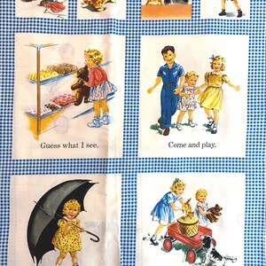 Michael Miller Dick and Jane Panel, Quilter&#39;s Cotton, 24in x 44in Panel, Blue Gingham Borders, Design DJ-3217, Kids Quilt, Pillows, Crafts