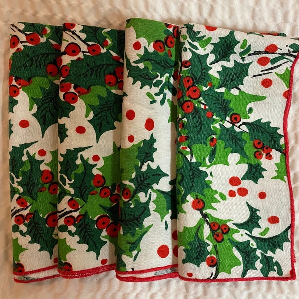 Vintage Holly Print Christmas Napkins, Set of 7, 16in square, Mid Weight Cotton Christmas Print, Machine Finished Edge