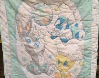 couette vintage pour lit de bébé Looney Tunes, Baby Bugs Bunny, Sylvestre et Titi des années 1990, impression étoiles vert menthe et pastel
