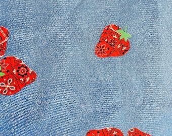 Vintage Chambray Look Fabric, Red Bandana Print Strawberries.  1970s, Woven Polyester/Cotton, By the yard x 44in wide, Bottom Weight Fabric