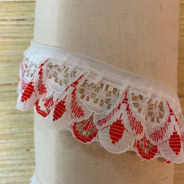 bordure en dentelle rouge et blanche vintage, 2,5 cm de large x 4,5 mètres, bordure pré-froncée pour la Saint-Valentin, coudre de la dentelle, dentelle artisanale, polyester