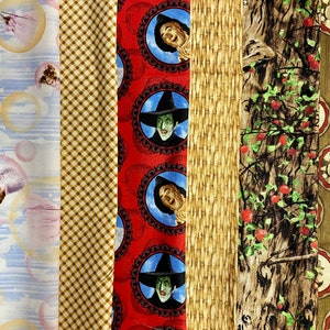 OOP Wizard of Oz Fat Quarters, Quilting Treasures Light Basket Weave, Red Medallions, Sepia Medallions, Talking Trees, Glinda, Gold Trellis