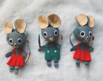 RARE/NWT**Vintage Felt Christmas Mice, Set of 3, Made in Japan, Mice in Overalls With Candles, MidCentury Kitschy Christmas, 5.5in Tall