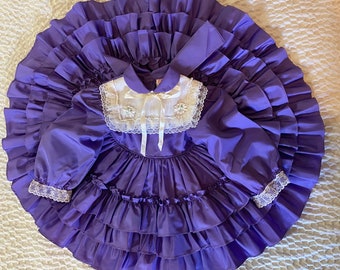 Vintage Martha's Miniatures Full Circle, Ultra Ruffled Purple Pageant Style Dress, Size 2, Signature Slip with Bow and Bell