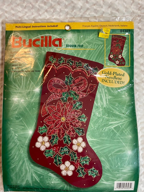Bucilla Glitter and Glitz Sequined Felt Stocking Kit, 18 Inches, Felt  Stocking With Poinsettia-holly in Sequins and Beads, Kit 84303 