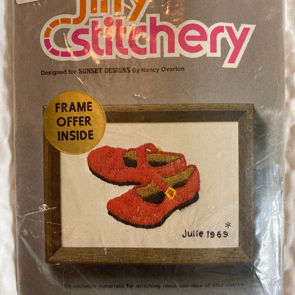 NOS**Vintage Jiffy "Mary Jane's" Crewel Kit, 1970s, 5in x 7in, Toddler Red Mary Jane Shoes, Can Be Personalized With Name and Birthday