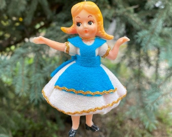 Vintage Alice in Wonderland Flocked Ornament, 4in x 3in, 1960s, Gold Rick Rack Trim, New Old Stock, Original Gold Cord Hanger, Made in Japan