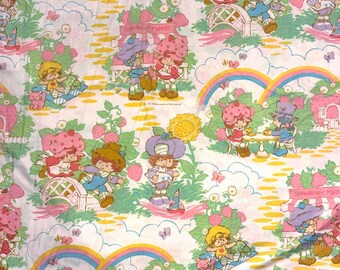 1980 "Berry Delicious" Strawberry Shortcake Sheet Set, Bibb Corp Twin Flat and Fitted Sheet