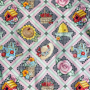 OOP**Vintage At Home With Mary Engelbreit, Garden Faux Quilt Fabric, By Half Yard, Fat Quarters, 45in Wide, 1994, Cottagecore Cotton Fabric