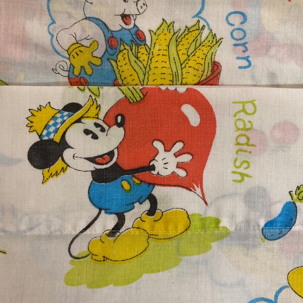 RARE* Vintage "Mickey's Garden" Bed Sheet, Twin Flat, 1977 Wamsutta Supercale Disney Farm Print Sheet, Cotton/Polyester Percale, Made in USA