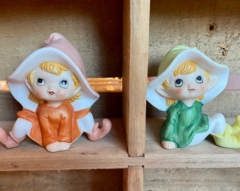 Vintage Homeco Elf Figurines, Set of 2, Porcelain Bisque Green and Orange, 1970s, 4 inches Tall, Hand Painted, Cottagecore Fall Decor, #5234
