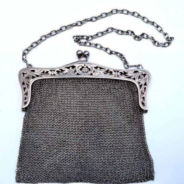 Antique, Art Deco, Sterling Silver, British Mesh Chainmail Purse, 1913, with hallmarks, and chain, Exquisite!