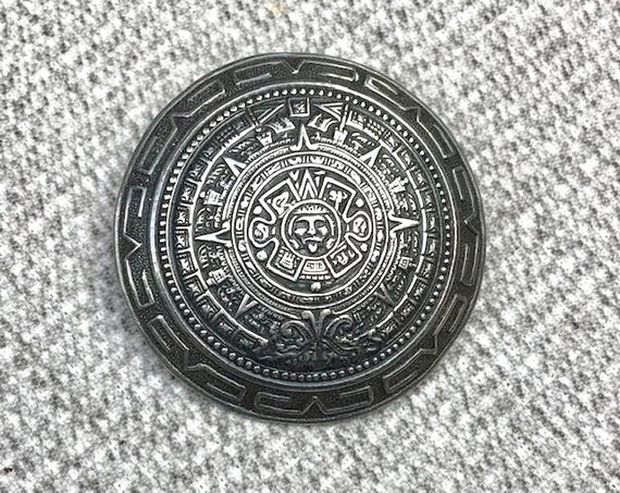 Large, Sterling Silver Aztec Calendar Pin, Vintag… - image 1