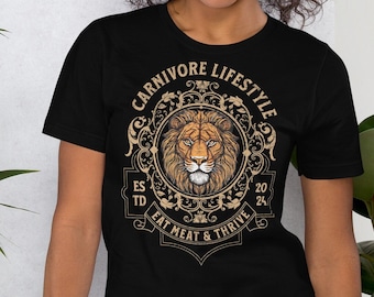 Carnivore Lifestyle Lions Head. Graphic T-Shirt. Eat Meat and Thrive. Grunge Style DTG print - A Perfect Meat Lover Gift!