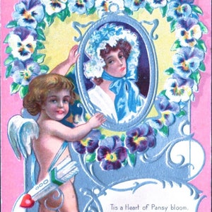 Ancienne carte postale de la Saint-Valentin ~ Cupidon détient une photo de la dame ~ rose avec de l'argent ~ en relief ~ très bon état