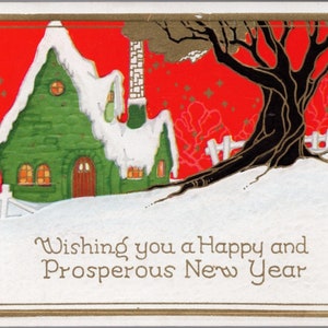 VINTAGE ART DECO Weihnachtspostkarte~Grünes, Schneebedecktes Häuschen~Roter Himmel voller goldener Sterne, Lattenzaun~Prägung~ um 1930 Unbenutzt blanko