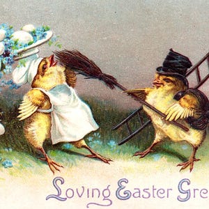 Antique EASTER Postcard~Fantasy CHICK, Dressed as Chimney Sweep, Whacks Chef with Broom, Spilling Big Platter of Eggs