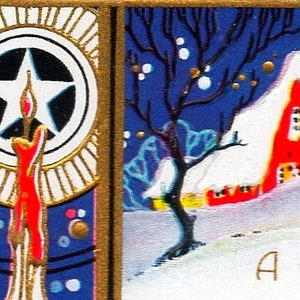Vintage Art Deco WEIHNACHTS Postkarte ~Blank!Schneelandschaft mit ROTER HAUS~Kerze ~Gold