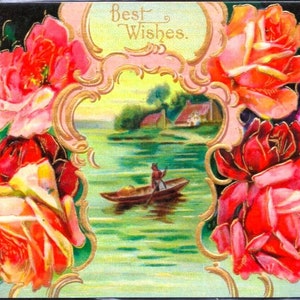 Cartão postal de aniversário antigo ~ ROSAS ~ Violetas ~ MULHERES PASSEANDO DE BARCO Canoa Rio Abaixo ~ Alemanha