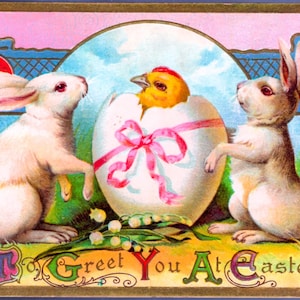 Ancienne carte postale de PÂQUES FANTAISIE ~ Lapins blancs accueillent un poussin nouvellement éclos ~ Coquille d'oeuf géante ~ Fleurs de tulipes, muguet